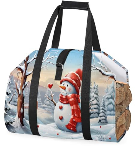 cfpolar Weihnachten Schneemann Liebe Herz Brennholz Log Carrier mit Griff, Große Kapazität Brennholz Aufbewahrungstasche Holz Tragetasche Kamin Holzofen Zubehör Halter für Camping BBQ Kamin