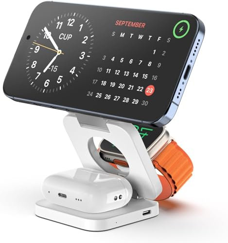 KU XIU 3 in 1 Wireless Charging Station, Foldable Mag-Safe Charger Stand for iPhone 16/15/14/13/12 Series, Fast Charger for Apple Watch S1-10/Ultra, for Airpods 4/3/Pro/Pro 2