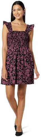 The Drop Kari Ruffled-Shoulder Smocked Mini Dress Robes, Imprimé Cachemire Noir/Rose, XS