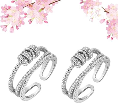 Qosneoun Jansio Ring, Jansio Threanic Triple-Spin Ring, Feelief Zirconica Triple Fidget Ring, Für Mädchen – Halten Sie Ihre ängste Fern – Verstellbar (2-Silver)