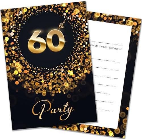 Olivia Samuel Party-Einladungen zum 60. Geburtstag, mit Umschlägen, fertig zum Schreiben, Schwarz und Goldeffekt, entworfen und gedruckt in Großbritannien, 20 Stück