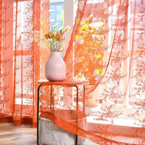 Kotile Durchsichtige Vorhänge in Burnt Orange, 137 cm lang, Vintage-Rebenmuster, gestrickt, Herbstvorhänge für Schlafzimmer, Stangentasche, Sichtschutz, 132 x 137 cm, 2 Paneele, Burnt Orange