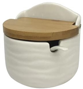 Jarsense Ceramic Sugar Pot, Sugar Bowl with Wooden Lid and Spoon, Spice Jar Condiment Containers Seasoning Box for Home Kitchen Coffee Bar