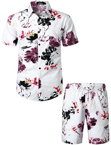 JOGAL - Camicia hawaiana da uomo, casual, motivo floreale, a maniche corte, bianco rosa, XXXL