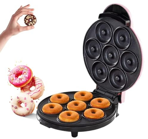 FURLOU Electric Doughnut Maker, Small Donut Snack Machine, Makes 7 Mini Donutss, Easy Clean Non-Stick Plates, Double-sided Heating, for Maker Nuts or Vegan Donuts pink