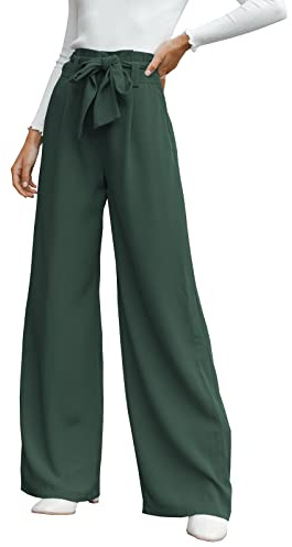 Cicy Bell Damen Weite Bein, Stoffhose Damen Hohe Taille Palazzo Hose, Leicht, Lockere Freizeithosen, Hose Krawatte Knoten Taschen-Elegant Casual Weite Hose,Hosen-Dunkelgrün, XL