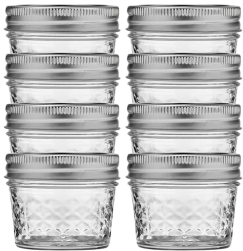 Ball Wide Mouth Quilted Glass Jelly Jars with Lids and Bands, Used for Canning, Pickling, Juice, Jam, Jelly, Quart Size (4 Ounce (Pack of 8))