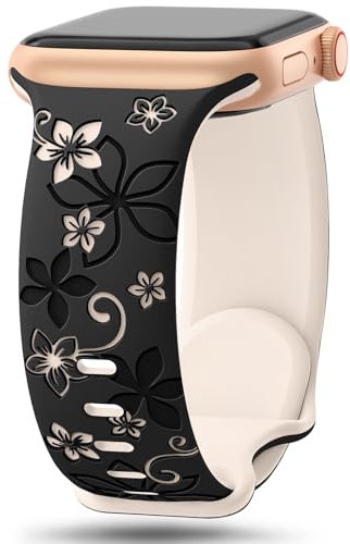 Floral Engraved Straps Compatible with Apple Watch Straps 41mm 40mm 38mm 42mm(Series 10) for Women,Cute Flower Bands Soft Silicone Sport Strap for iWatch Series 10 9 8 7 6 5 4 3 2 1 SE