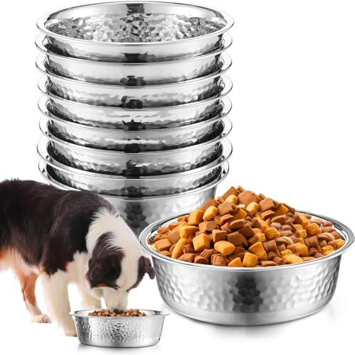 Teenyyou 8 Pcs Hammered Stainless Steel Dog Bowls Heavy Duty Less Sliding Deep Metal Food Water Bowls for Pets Dogs Cats Easy to Clean(Silver,64 Oz, 8.5 Dia)