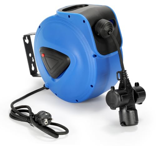 Izrielar Automatik Kabelaufroller 20M+1.5M Kabelaufroller, mit 3-Fach Anschluss, Kabeltrommel mit Stopfunktion,Verlängerungskabe, mit 180° drehbar Wandhalterung, für Wandmontage