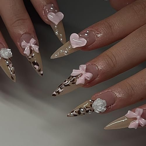 Kaichen Press On Nails - Pink Leopard Print Medium Almond Nails with 3D Bow & Heart | 12 Sizes - 24pcs Nail Kit with Adhesive Tabs