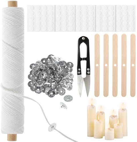 61m Kerzendocht, Kerzendochte für Kerzen Dochte für Kerzen mit 100 Stück Dochtaufkleber und Metallbasis, 5 Dochthalter, Kerzendocht Dick Rolle Candle Wick für Weihnachten Kerzen Hochzeit DIY Duftkerz