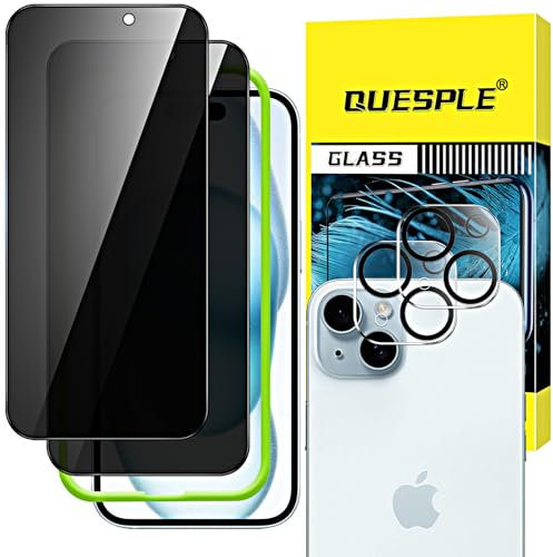 QUESPLE [2+2 Pièces] Verre Trempé Anti Espion pour iPhone 15 Plus 6,7 Pouces avec Protection d'Objectif de Caméra, Film de Confidentialité Protection en Écran, Équipé d'un Outil d'Alignement Simple