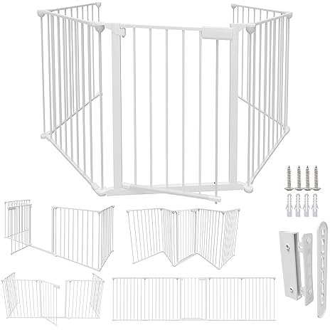 Cecaylie Kaminschutzgitter mit Tür 310cm Metall Ofenschutzgitter Laufgitter Laufstall Absperrgitter Tierschutzgitter Türschutzgitter für Kinder-Sicherung, Weiß