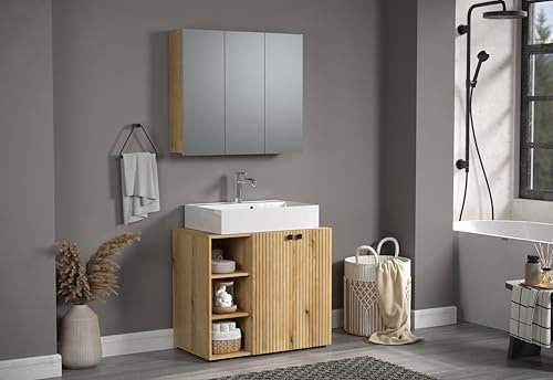 trendteam smart living - PureBliss - Badmöbel-Set Waschbeckenunterschrank + Spiegelschrank - Evoke Eiche - Rillenoptik - (BxHxT) 90 x 186 x 53cm - Badezimmermöbel mit edlen Metallgriffen