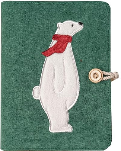 Personalisiertes Tagebuch-Notizbuch für Frauen, handgefertigter Stoff, grün, bestickt, Eisbär, liniert, 212 Seiten, Knopfverschluss, Lesezeichen, tragbar, A5 (15 x 22,3 cm)