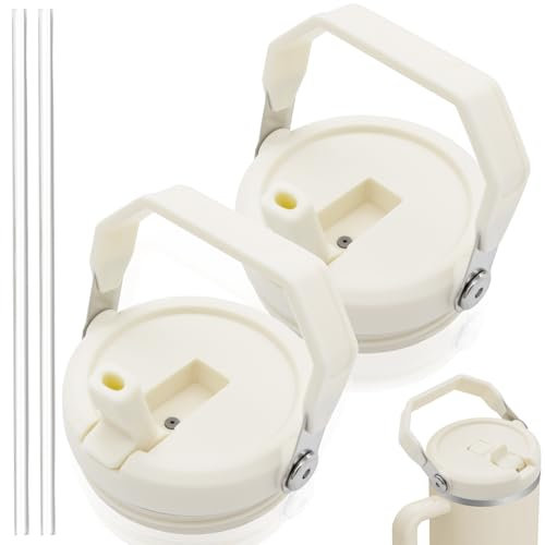 40 oz Leak Proof Handle Flip Straw Lid, Lid for Stanley 40 oz Quencher Tumbler, Leak Proof Handle Flip Straw Lid Replacement, Leak-Proof, with Handle (Cream 2Pcs)