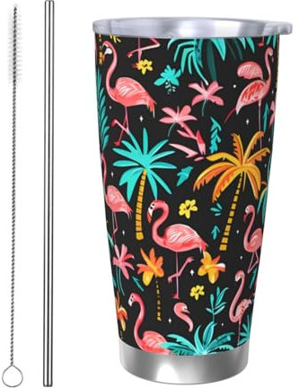 CSIVKEJ Trinkbecher mit Flamingo-Aufdruck, 590 ml, Edelstahl, isolierter Becher mit Deckel und Strohhalm, passend für die meisten Autohalterungen