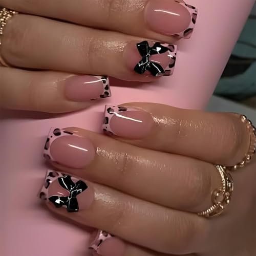 GlamRays 24 Stück Bow Press on Nails, Short Square French Tip Fake Nails mit Black Leopard Print Design, Glanzige Falsche Nägel, Nude, Vollständiger Überzug, Künstliche Nägel