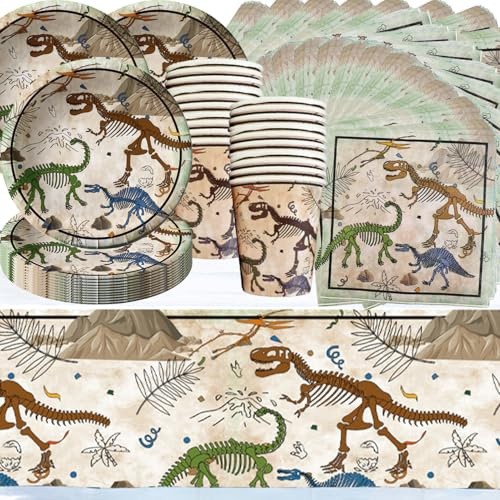 Shamoparty Dinosaurier Fossil Partygeschirr, Jungengeburtstag, 20 Personen | Archäologisches Thema, Pappteller, Papierservietten, Pappbecher, Tischtücher