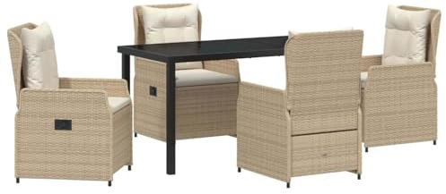 vidaXL 5-teiliges Garten-Esszimmer-Set Beige Poly Rattan | 4-Sitzer Stahlrahmen mit Kissen, Tisch 140 x 80cm, wetterfestes Gartenmöbel, modernes Design für Balkon oder Patio