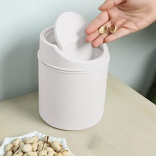 Mini Desk Trash Can with Lid Swing-Lid Tiny Countertop Garbage Bin Small Table Top Plastic Covered Waste Basket for Desk, Small Garbage Can Desktop Trash Bin, Tabletop Waste Basket (White)