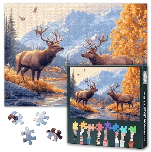 Puzzle 1000 Teile Erwachsene, Elch Puzzles Erwachsene, Geschicklichkeitsspiel für Die Ganze Familie, Elch-Landschaftsmalerei Erwachsenen Puzzle ab 6 Jahre Fertige Größe 50x70cm