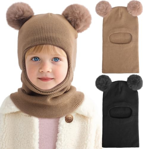 DRESHOW Kinder Wintermütze Warme Schal Schlupfmütze Strickmütze Kapuze Weiche Schalmütze mit Doppelt Bommel Pom Pom Beanie Mütze für Kleinkinder Jungen Mädchen 1-6 Jahre