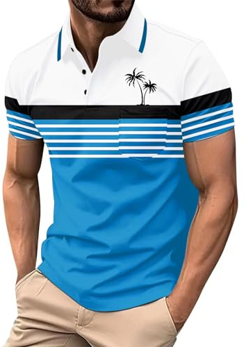 DENGJIAMY Polo d'été à rayures pour homme avec motif palmier - T-shirt de golf à manches courtes - Décontracté - Col de travail - Haut de vacances