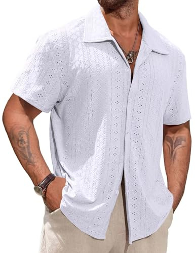 Remxi Mens Short Sleeve Shirts Button Down Hawaiian Shirt Summer Beach Cuban Collared T-Shirt Casual Holiday Hollow Out Tops