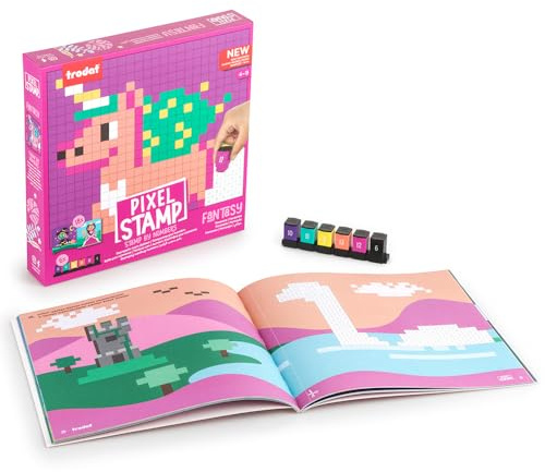 Trodat Pixel Stamp – Fantasie, Kinderbuch zum Stempeln nach Zahlen, 18 Motive, 6 farbig sortierte Stempel, kreatives Lernspiel für Kinder ab 4 Jahren