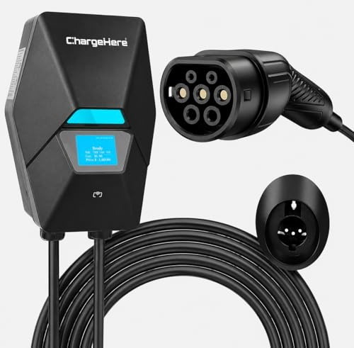 ChargeHere Model B EV Charger Type 2, 7kW 32A Reliable Plug & Play Charging Station, 5M Cable, IP65 Waterproof Wallbox, UKCA Certified, Compatible with Tesla, VW, BMW, MG, Hyundai, Kia