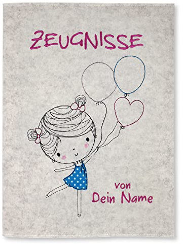 Goldi-Design Zeugnismappe Mädchen mit Luftballons personalisiert mit Namen 100% Wollfilzumschlag und Sichtbuch DIN A4 mit 20 Hüllen