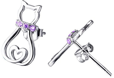 Orecchini Gatto in Argento Sterling 925 Zirconia Viola Gatto con Cuore Orecchini Gioielli per Donna (Viola)