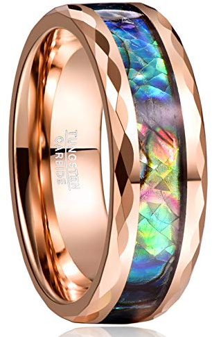 VAKKI 8mm Abalone Shell Tungsten Carbide Rings Silver/Black/Rose Gold Mens Wedding Engagement Band Polished Faceted Edges Comfort Fit Size N 1/2 - Z+3