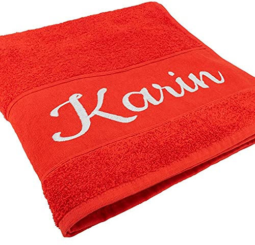 Handtuch mit Namen oder Wunschtext Bestickt, personalisiertes Duschtuch, individuelles Badetuch, 100% Baumwolle, 100 x 50 cm rot