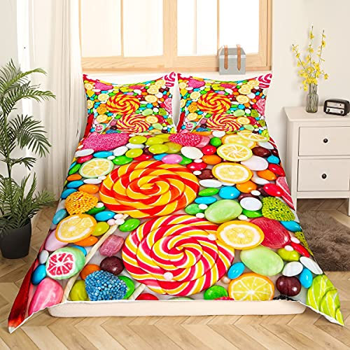 Kinderzimmer Lemon Candy Bettbezug Bunte Lutscher Bettwäsche Set Schokolade Zucker Tröster Abdeckung Verschiedene farbige runde Candy Snacks Bettwäsche mit 2 Kissenbezuge 220x240 Soft Child Room Decor