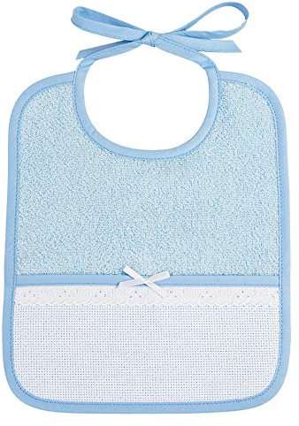 Filet - Rechteckiges Lätzchen mit Aida-Tasche zum Besticken, aus Baumwollfrottee in der Farbe Rosa, mit Sangallo-Spitze, Ideal für Neugeborene, 100% Made in Italy, Farbe Hellblau