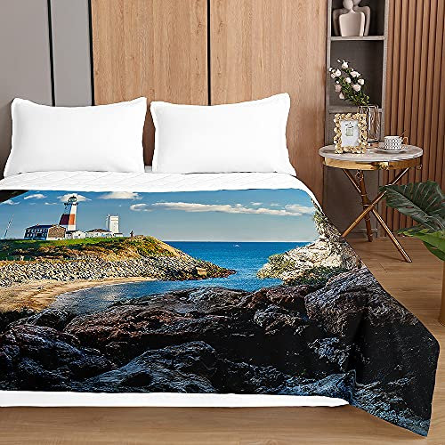 Chickw1 Tagesdecke Bettüberwurf Steppdecke, 3D Strand Drucken Sommer Tagesdecken mit Präge Wohndecke aus Mikrofaser Gesteppt Bettdecke für Einzelbett Doppelbett (Kap Leuchtturm,230x280cm)