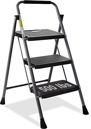 HBTower Escalera 3 Peldaños Plegable, Peldaños Antideslizantes con Asas Cómodas, Escalera Portátil de Acero