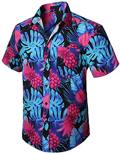Enlision Chemise Hawaïenne Homme à Manches Courtes Boutonnée Florale Funky Fleurs Palmier Ananas Chemise Imprimée Vacances Plage Chemises Hawaïennes Unisexe,Bleu & Rose