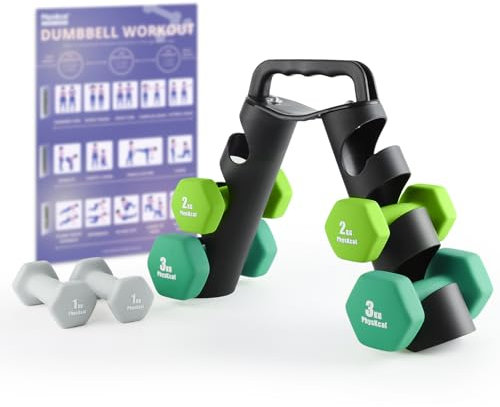 PhysKcal Dumbbells Set with Stand, Hand Weights with Storage Rack, 2 x 1kg, 2 x 2kg, 2 x 3kg, Strength Training Fitness Home Workout