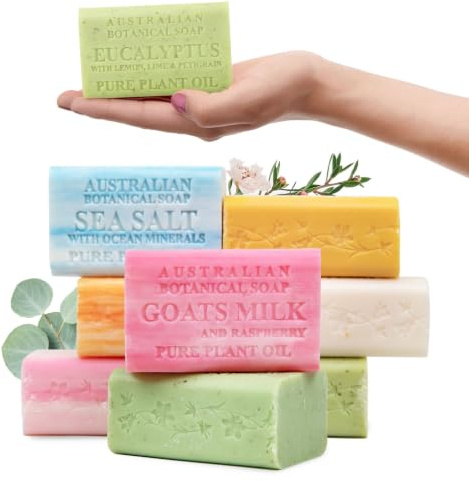Australian Botanical Soap Variety Pack, 6.6 oz Bars – Goat Milk, Eucalyptus, Manuka Honey, Sea Salt, Pink Lychee, Lemongrass, Raspberry, Valencia Orange – Enriched with Organic Shea Butter, Pack of 8