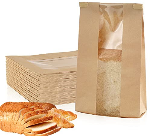 Papiertüten Braun Butterbrottüten 50Stk Braune Papiertüten mit Fenster Tüten Papier Kraftpapier Tüten Brötchentüten Brottüten Papier Geschenktüten für Kekse Toast Sandwich Süßigkeiten (12x9x30cm)
