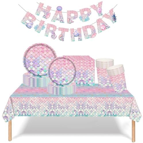 Mienocol Mermaid Party Tableware Set for Girls, 54pcs Napkins Plates Cups Tablecloth and Birthday Banner Decorations Supplies