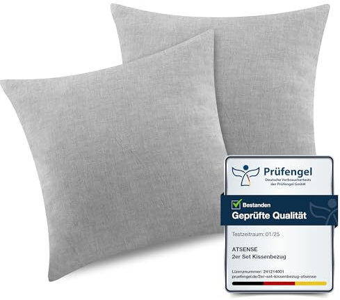ATsense 2er Set Kissenbezug 45x45 cm - 100% Gewaschene Baumwolle, Grau Kopfkissenbezug mit Reißverschluss, Oeko-TEX Zertifiziert Weich, Nicht Lleicht Verformbar