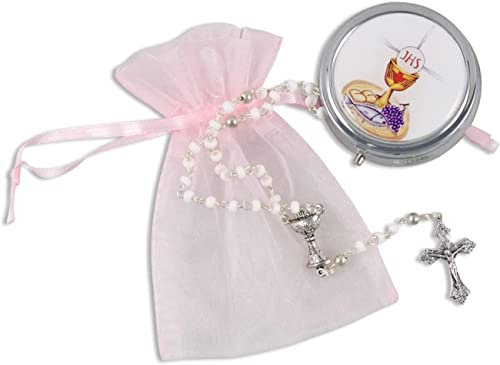 MaMeMi ROSENKRANZ Kommunion mit KREUZKELCH in Metall-ETUI 27 cm Geschenk für Mädchen oder Jungen mit Dose und Beutel