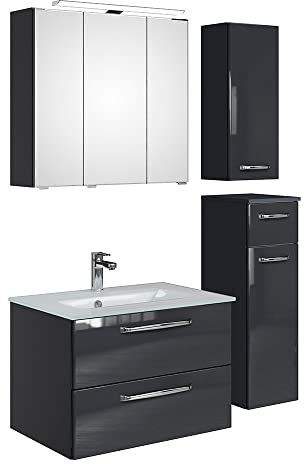 Lomadox Badmöbel Set Badezimmer mit Waschtisch Glaswaschbecken Spiegelschrank Aufbauleuchte Unterschrank Hängeschrank in anthrazit Glanz, B/H/T: ca. 122/200/50 cm