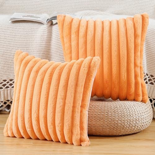 Madizz 2er Set Kunstpelz Plüsch Dekorative Kissenbezüge Flauschig Gestreifte Weich Dekorative Kissenbezug für Sofa Schlafzimmer Kissen Shell Orange 60 x 60 cm
