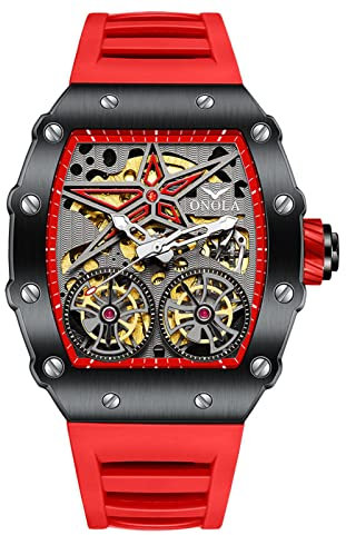 FORSINING Montre mécanique automatique en forme de tonneau pour homme, grand cadran, bracelet en silicone, Rouge, Sangle